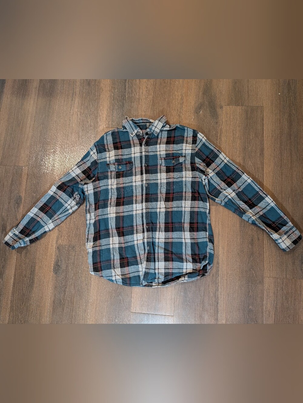 George sz. L teal/grey plaid flannel button down shirt